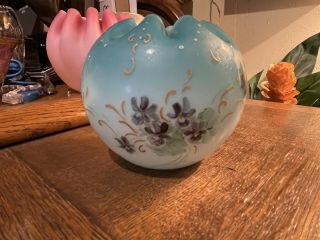 Vintage Cased Blue Glass Rose Bowl Vase Hand Painted Violet Flower 3 3/8 " Tall