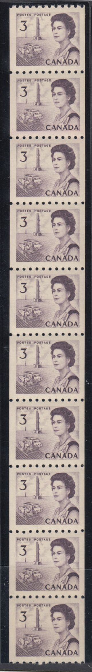 Canada: 466 3c Purple Df Dex Centennial Coil Strip Of 10,  Vf Nh Cv$50,  A