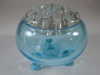 Viking Martinsville Glass Cloud Blue Flower Frog Candleholder 3 Footed Mcm Vase