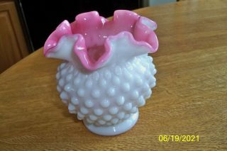 Vtg Fenton Pink Glass Cased Inside White Milk Glass Hobnail Ruffled Vase