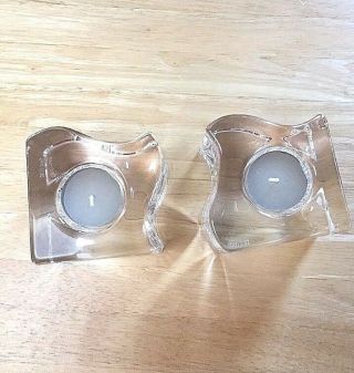 Pre - Owned,  2 Orrefors Sweden Puzzle Votive Heavy Glass Candle Holders