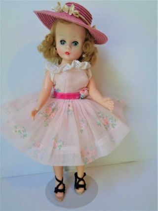 1950s Madame Alexander Cissette Doll In Tagged Pink Floral Nylon Dress Hat Shoes