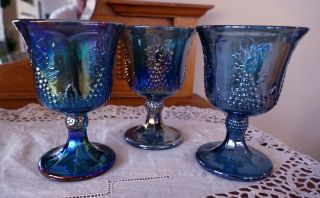 3 Vintage Indiana Glass Iridescent Blue Carnival Harvest Grape Goblets Stemware