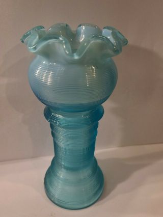 Vintage Northwood Turquoise Opalescent Ruffled Edge Glass Vase 6.  5 " X 3.  25