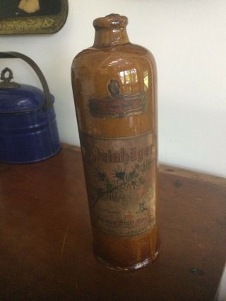 Antique Glazed Stoneware Gin Bottle W.  Label & Handle Steinhager Gin