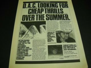 David Allan Coe Looking For Thrills Over The Summer 1983 Promo Poster Ad