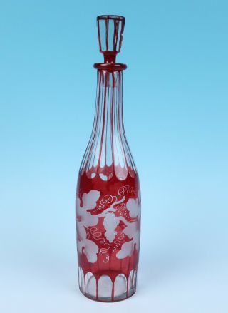 Early Ruby Stain Decanter Bottle Etched Cut Antique Bohemian Glass Wine Red