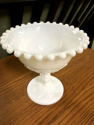 Vintage White Milk Glass Footed Bowl Beaded Hobnail Edge Candy Dish