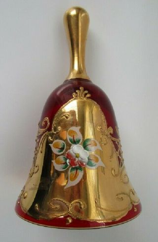 Bohemian Czech Art Glass Ruby Red Gold Gilt Hand Painted Enamel Flower Bell