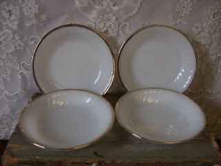 Set Of 4 Vintage Fire - King Ovenware White Swirl W/ Gold Trim 7 1/2 " Soup Bowls