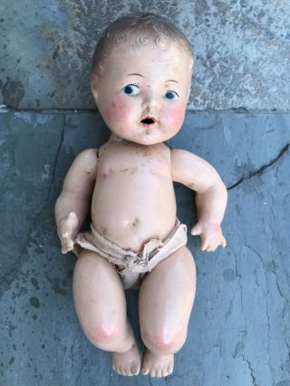 Vtg Antique 11” Dream Baby Composition Molded Hair Painted Eyes Open Mouth