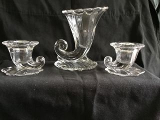 Vintage Set 3 Heisey Crystal Glass Horn Of Plenty Cornucopia Vase&candle Holders