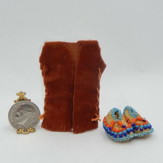 Vintage Southwest Buckskin Vest & Moccasins Artisan Dollhouse Miniature 1:12 2