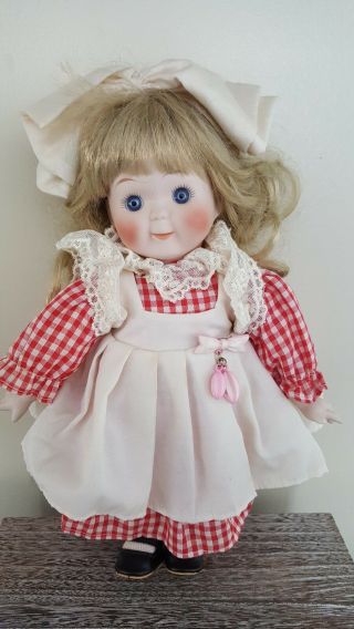 Vintage Porcelain Doll With Red And White Plaid Dress Bow In Hair Farmhouse