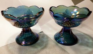 Pair Vintage Blue Carnival Glass Candle Holders Harvest Grape Indiana Iridescent
