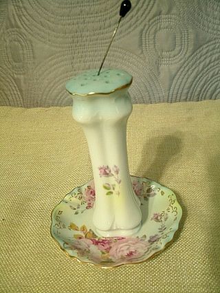 Antique Rs Suhl Porcelain Hand Painted Hatpin Holder W Attached Tray & 1 Hatpin