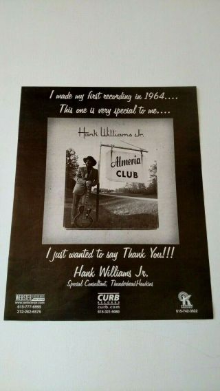 Hank Williams Jr.  The Almeria Club.  Rare Print Promo Poster Ad