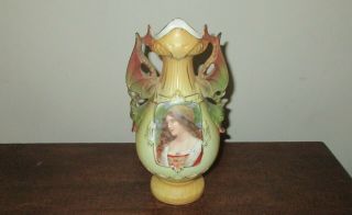 Antique 19th C Royal Wettina Robert Hanke Pottery Woman Portrait Vase Dragons