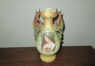 Antique 19th C Royal Wettina Robert Hanke Pottery Woman Portrait Vase Dragons 2