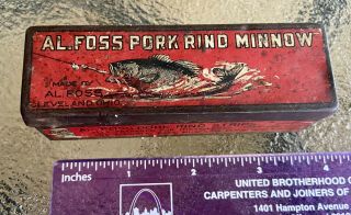Vintage Al Foss Pork Rind Minnow Tin Lure Box Fishing Vivid Graphics