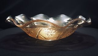 Vintage Amber Iridescent Marigold Carnival Glass Ruffled Edge Fruit Bowl 11 1/2”