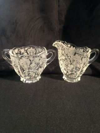 Vintage Cambridge Rose Point Etched Clear Glass Open Sugar And Creamer