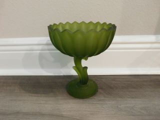 Vintage Indiana Frosted Olive Green Glass Lotus Blossom Pedestal Candy Bowl Dish