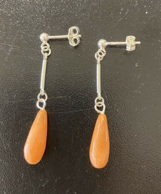 Victorian Antique Vintage Sterling Silver Coral Drop Earrings Deco