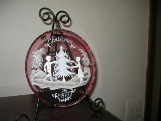 Vintage Mary Gregory Bohemia Crystal Christmas Plate Cranberry 1973