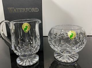 2pc Waterford Cut Crystal Faceted Art Glass Creamer & Sugar Set Etched Award