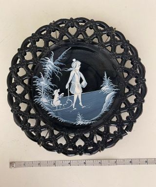 Vintage Westmoreland Mary Gregory Plate Girl With Dog In Sled Black Milk Glass