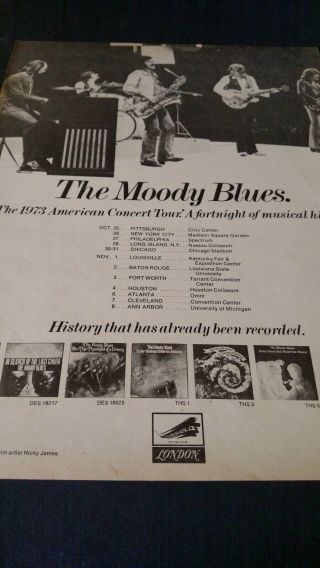 The Moody Blues.  The 1973 American Concert Tour Dates Promo Poster Ad