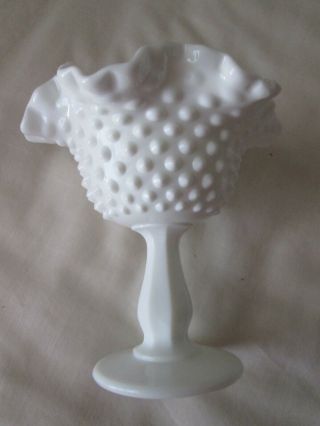 Vintage Fenton Hobnail White Milk Glass Ruffled Pedestal Bowl/candy Dish 6 " Tall