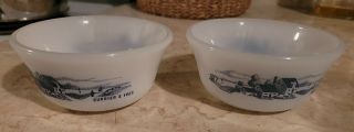 2 Vintage Currier & Ives Milk Glass Glasbake Dessert Bowl Custard Cup Blue Farm