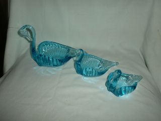 Set Of 3 Blue Art Glass Nesting Swans Candy Dishes/trinket Bowls