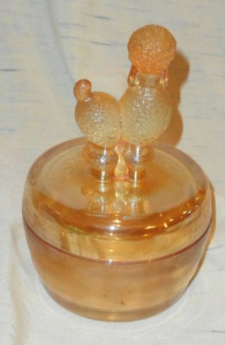 Vintage 1940 ' s JEANNETTE Marigold Carnival Glass Poodle Powder Jar/Trinket Box 2
