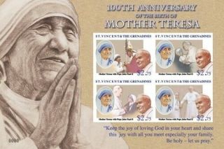 St.  Vincent 2010 - Sc 3720 Mother Teresa 100th Anniversary - Sheet Of 4 - Mnh