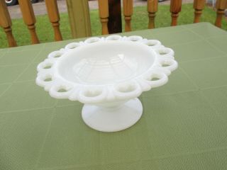 Vintage White Milk Glass Footed Bowl Scalloped Lace Edge Candy Dish