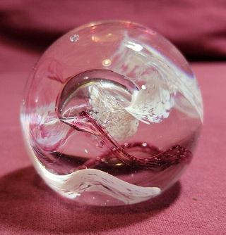 Caithness Glass Paperweight - Moon Crystal - Bubble & Swirl - Mauve And White