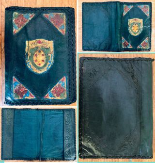 Antique Vintage Painted Tooled Soft Leather Book Cover Manuscript Holder Wallet