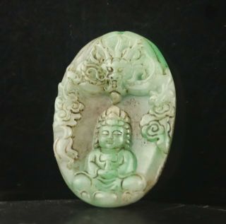 Old China natural green jade hand - carved statue of dragon and buddha pendant 2