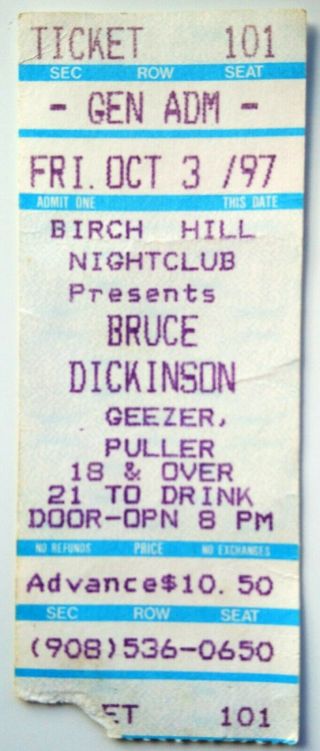 Bruce Dickinson Rare Concert Ticket Usa 1997 Accident Of Birth Tour Iron Maiden