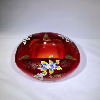 Vintage Bohemian Moser Gold Gilded Enameled Floral Red Dish/ashtray