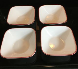 Corelle Square Cereal Soup Bowls Red Rim " Splendor " Four (4) 6 1/4 "