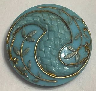 Antique Blue Glass Button With Silk Thread Or Fabric Look