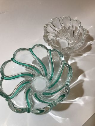 2 Mikasa Peppermint Swirl Crystal Clear Green Candy Dishes Two,  4 1/4”,  5 3/4”