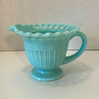Vintage Blue Milk Glass Bowl Pitcher Creamer Open Lace Ribbed Footed