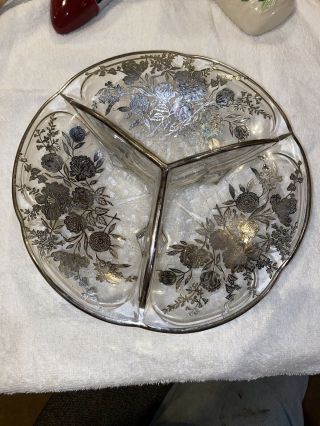 Sterling Silver Overlay Glass Crystal Rose Design Divided Candy Nut Relish Dish