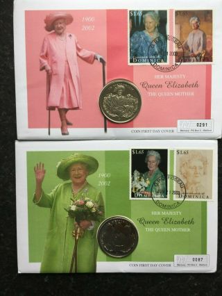 2003 Mercury - Dominica X2 Queen Mother First Day Cover Coin Covers - $1 Coins -