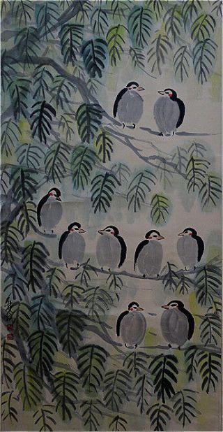 Chinese 100 Hand Painting & Scroll “birds & Tree” By Lin Fengmian 林风眠